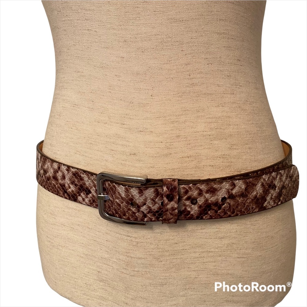 BRAVE LEATHER NEW BELT BROWN CREAM EMBOSSED LEATHER SNAKESKIN LOOK CANADA Size S - Picture 2 of 13